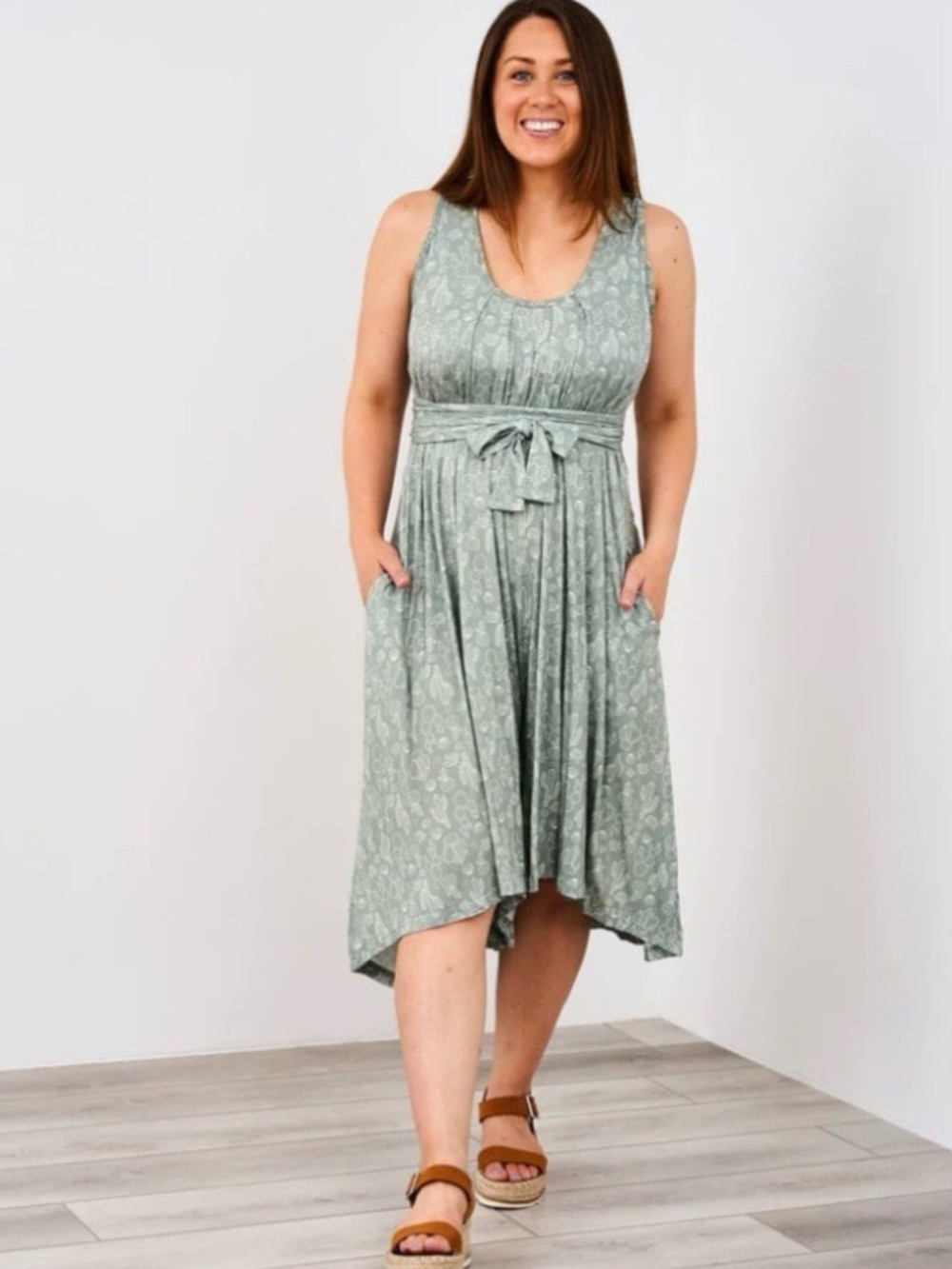 Latched Mama Sage Green Cactus/ Succulent Sleeveless Tie-Waist Midi Romper